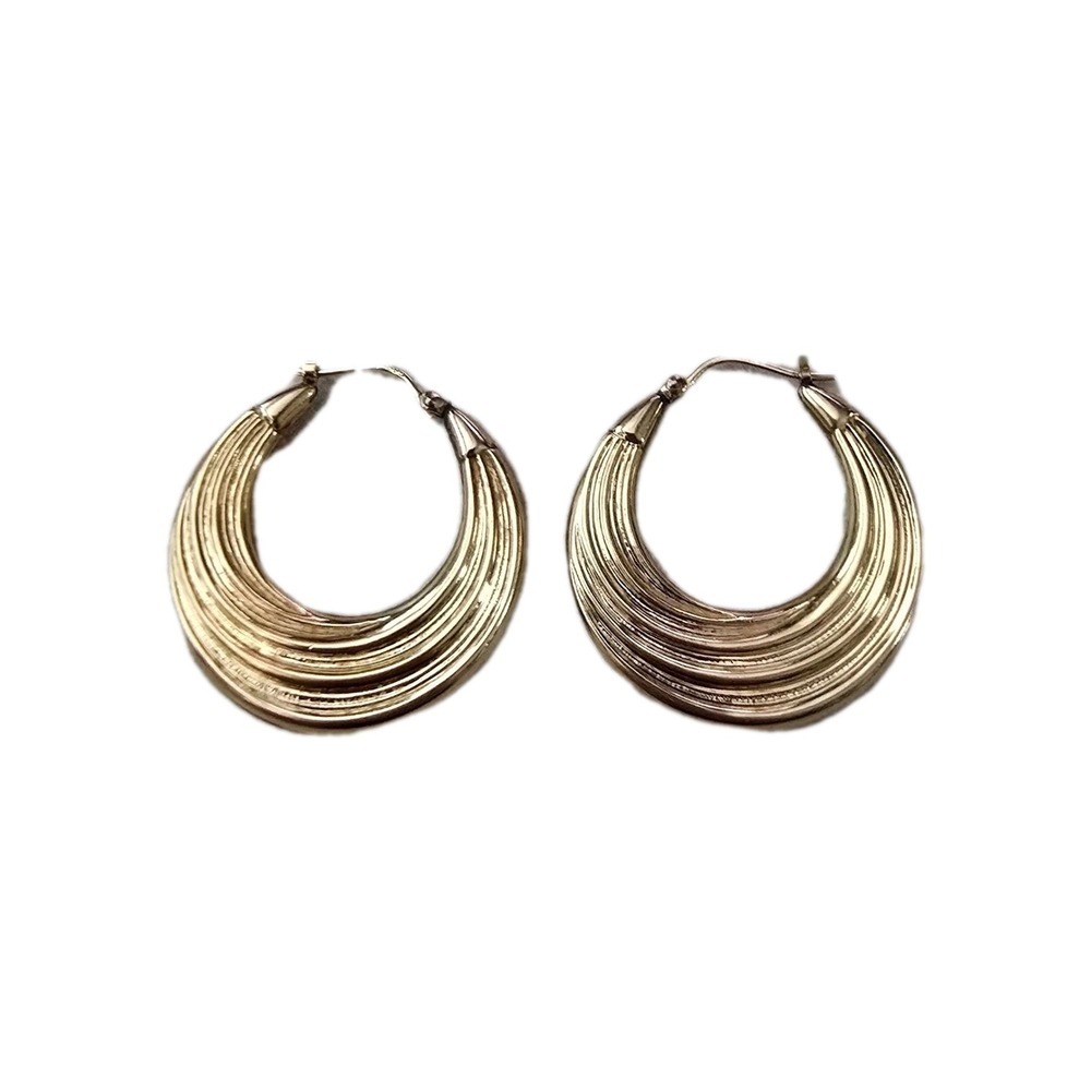 Vintage Carla 10K Yellow Gold Ribbed Shrimp Creoles Hoop Earrings 5.0g